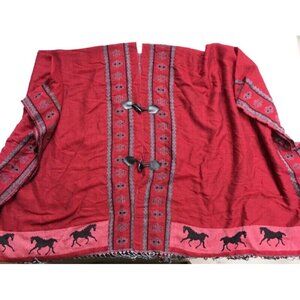 Step in Style Reversible Horse Poncho Cape Red Woven Shawl Open Front Fringe